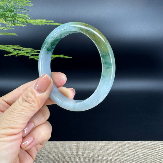 Genuine Burmese Yellow Blue Flower Jade Jadeite Bangle Bracelet ( 58.6mm )