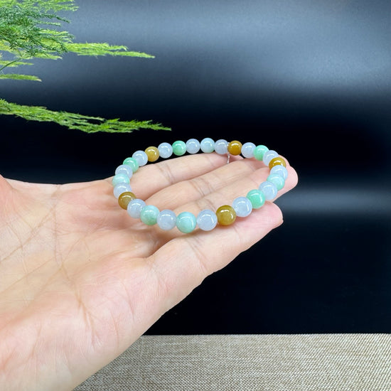 RealJade® Co. Genuine Jadeite Jade Round Ice Multiple Colors Beads Bracelet (6.8mm)