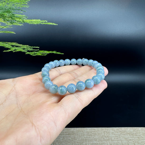 RealJade® Co. Genuine Jadeite Jade Round Light Lavender Blue  Beads Bracelet (7.8mm)