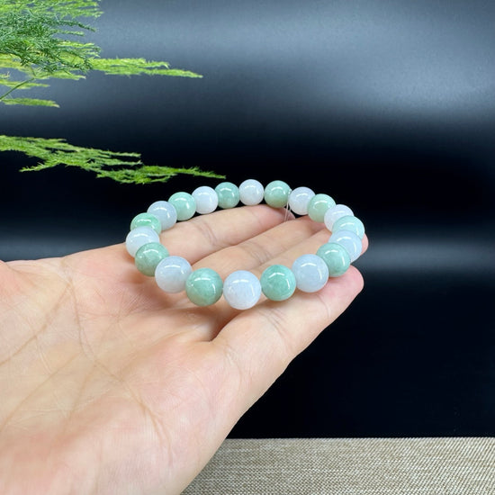 Natural Jadeite Jade Round White Green Beads Bracelet ( 9.5 mm )