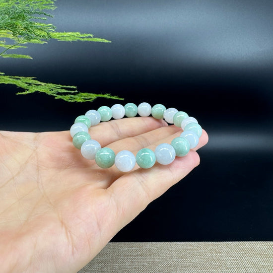 Natural Jadeite Jade Round White Green Beads Bracelet ( 9.5 mm )