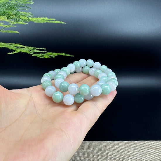 Natural Jadeite Jade Round White Green Beads Bracelet ( 9.5 mm )