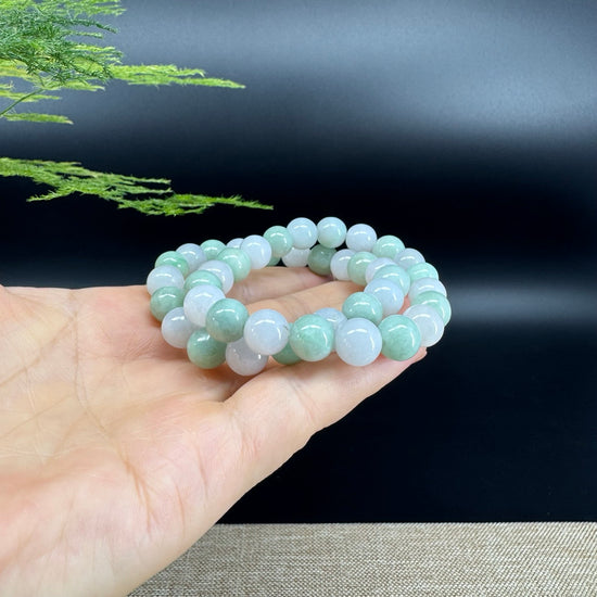 Natural Jadeite Jade Round White Green Beads Bracelet ( 9.5 mm )
