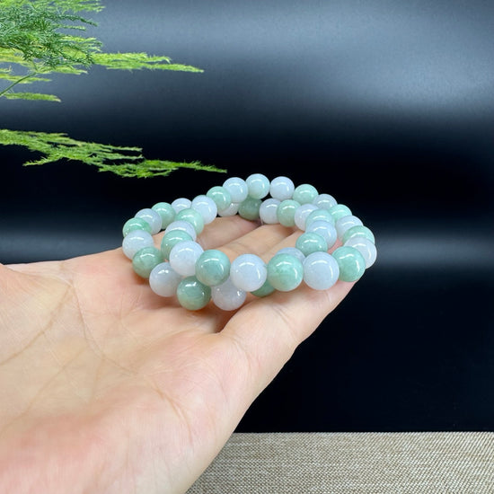 Natural Jadeite Jade Round White Green Beads Bracelet ( 9.5 mm )