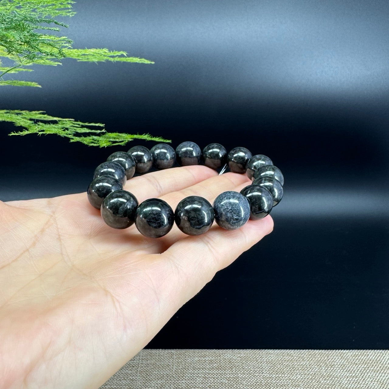 RealJade® Genuine Jadeite Jade Round  Black  Beads Bracelet ( 13mm ) For Men