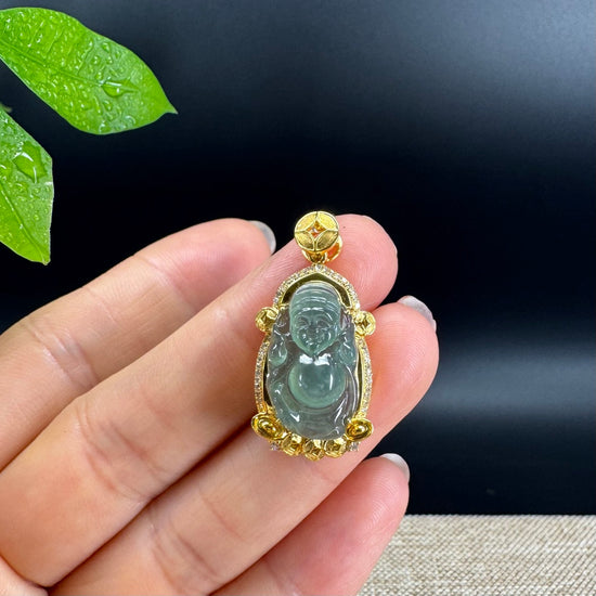 18K Yellow Gold Burmese Green Jadeite Jade Money Saint Pendant with Diamond