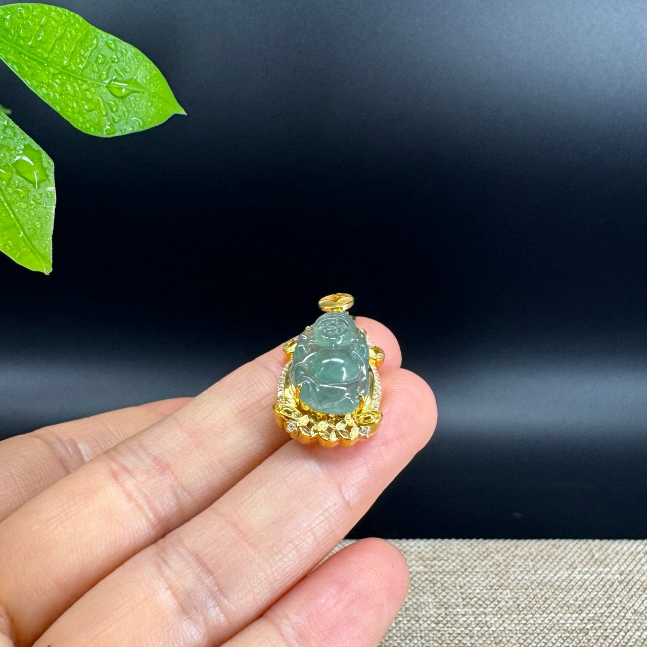 18K Yellow Gold Burmese Green Jadeite Jade Money Saint Pendant with Diamond