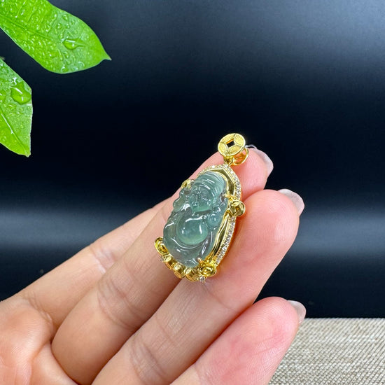 18K Yellow Gold Burmese Green Jadeite Jade Money Saint Pendant with Diamond