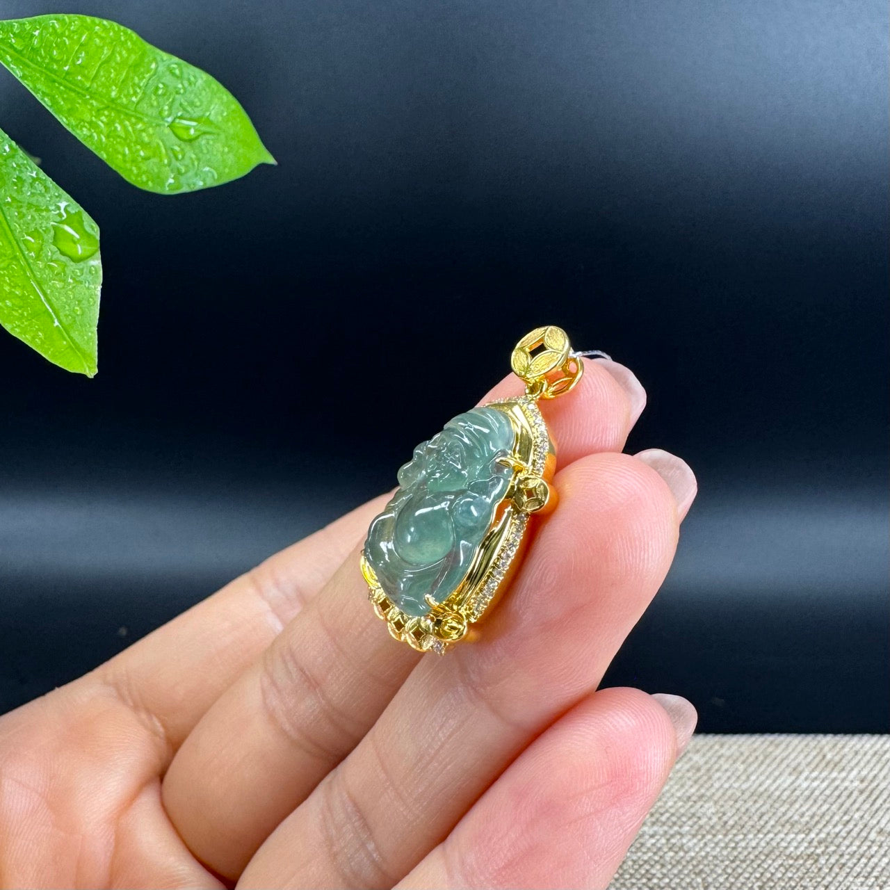 18K Yellow Gold Burmese Green Jadeite Jade Money Saint Pendant with Diamond