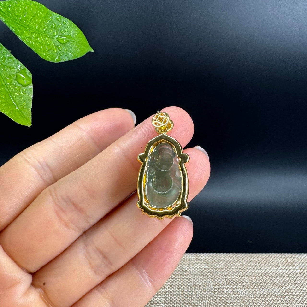 18K Yellow Gold Burmese Green Jadeite Jade Money Saint Pendant with Diamond