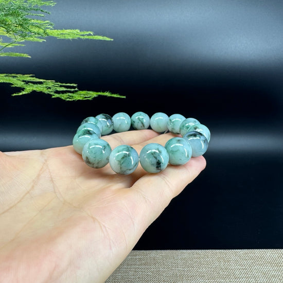 RealJade® Genuine Jadeite Jade Round Icy Blue Beads Bracelet ( 13.8mm ) For Men