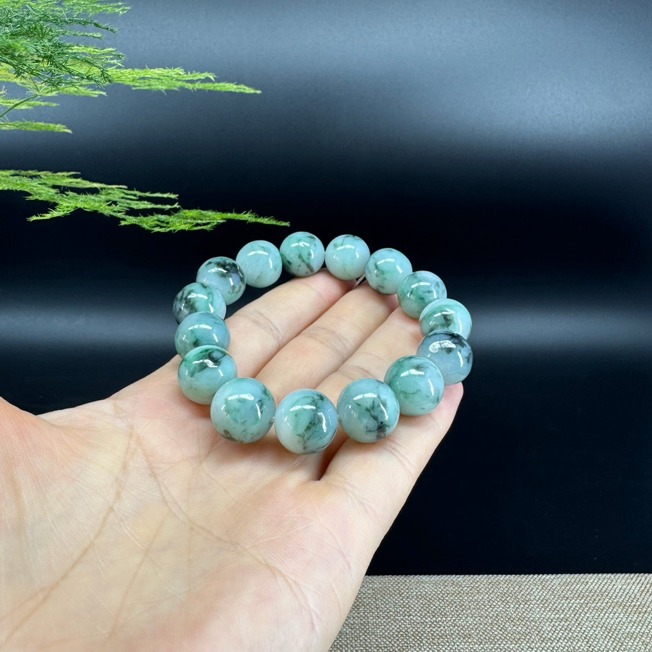 RealJade® Genuine Jadeite Jade Round Icy Blue Beads Bracelet ( 13.8mm ) For Men