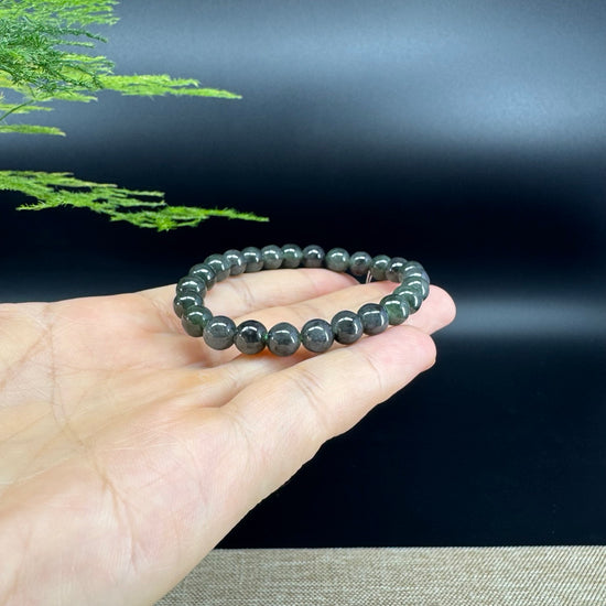 RealJade® Co. Genuine Jadeite Jade Round Black Beads Bracelet (6.9mm)