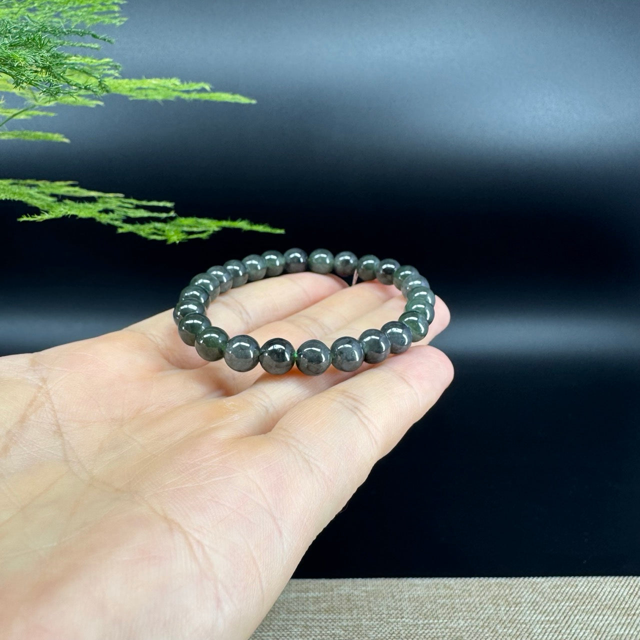 RealJade® Co. Genuine Jadeite Jade Round Black Beads Bracelet (6.9mm)