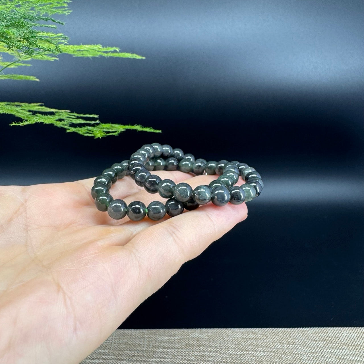 RealJade® Co. Genuine Jadeite Jade Round Black Beads Bracelet (6.9mm)