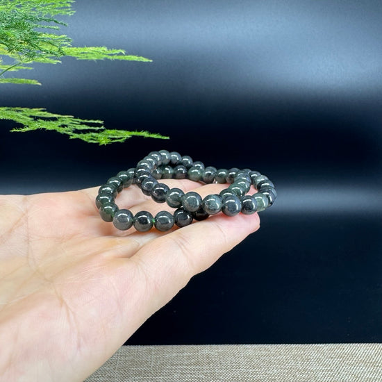 RealJade® Co. Genuine Jadeite Jade Round Black Beads Bracelet (6.9mm)