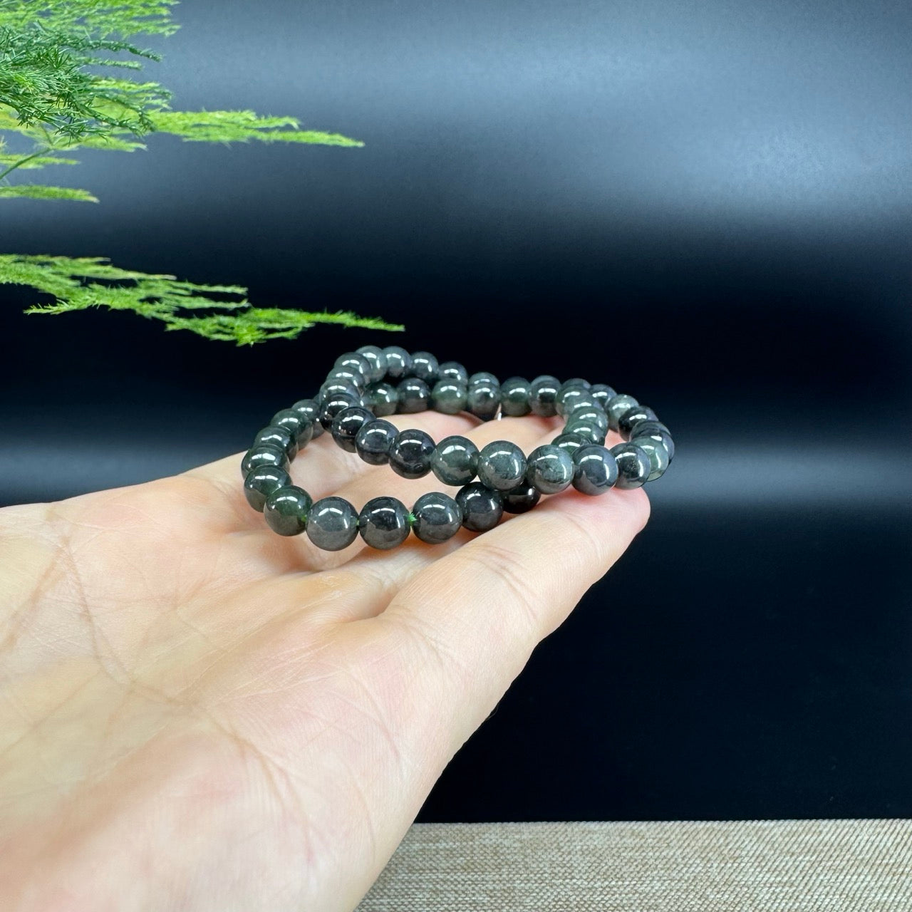 RealJade® Co. Genuine Jadeite Jade Round Black Beads Bracelet (6.9mm)