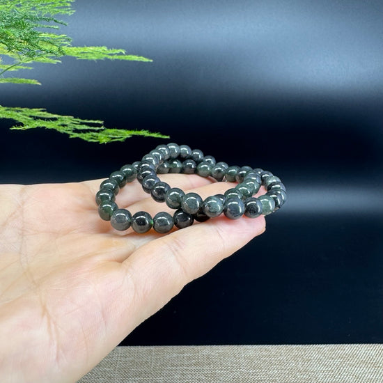 RealJade® Co. Genuine Jadeite Jade Round Black Beads Bracelet (6.9mm)