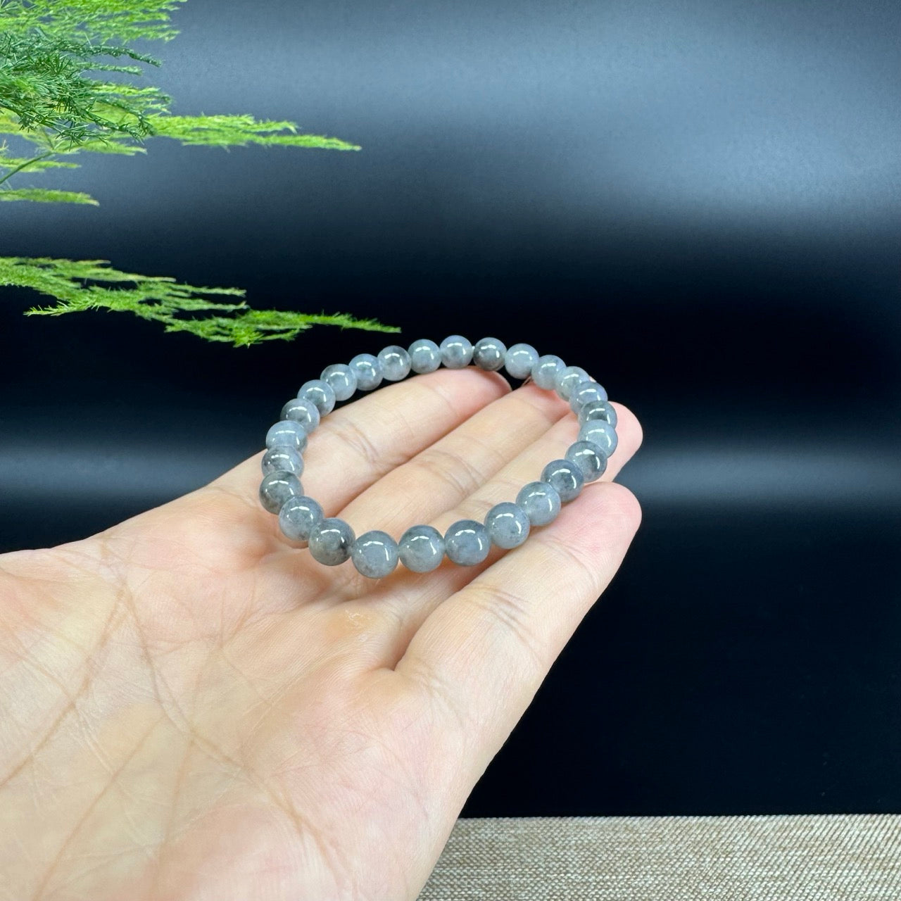Natural Jadeite Jade  Round Icy Wuji Black Beads Bracelet ( 6.5mm )
