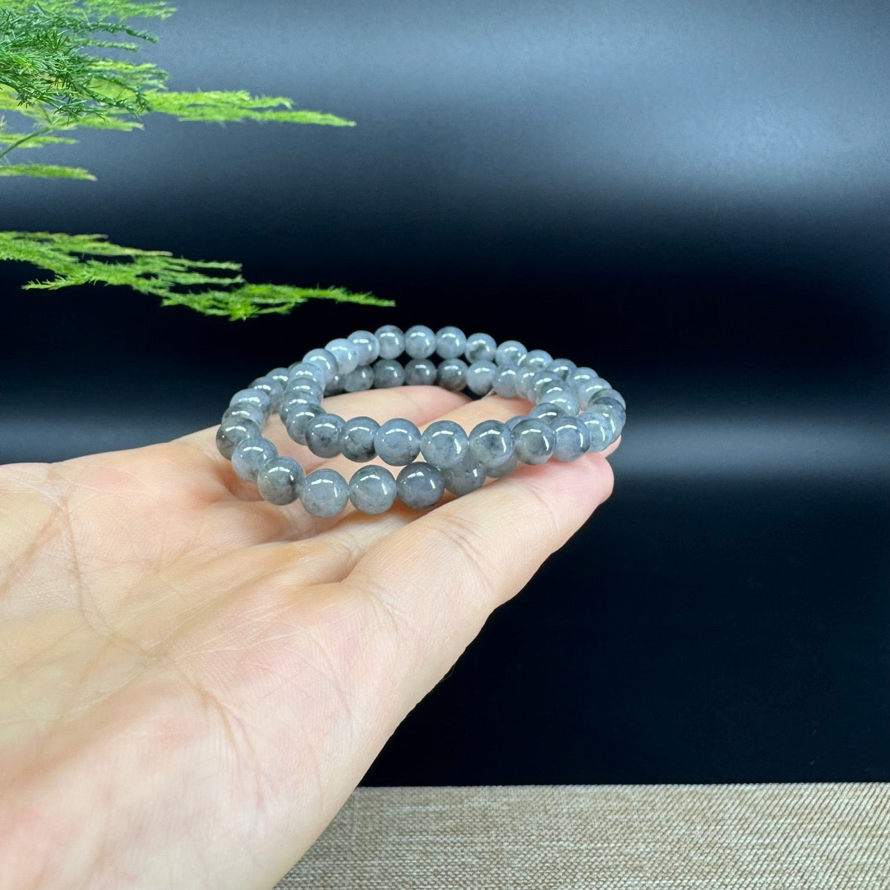 Natural Jadeite Jade  Round Icy Wuji Black Beads Bracelet ( 6.5mm )