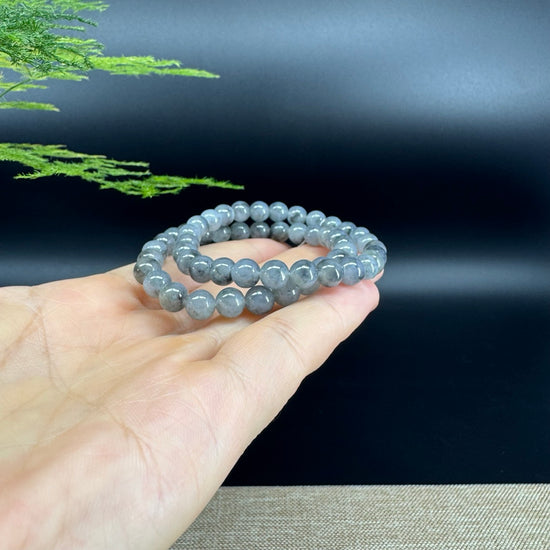 Natural Jadeite Jade  Round Icy Wuji Black Beads Bracelet ( 6.5mm )