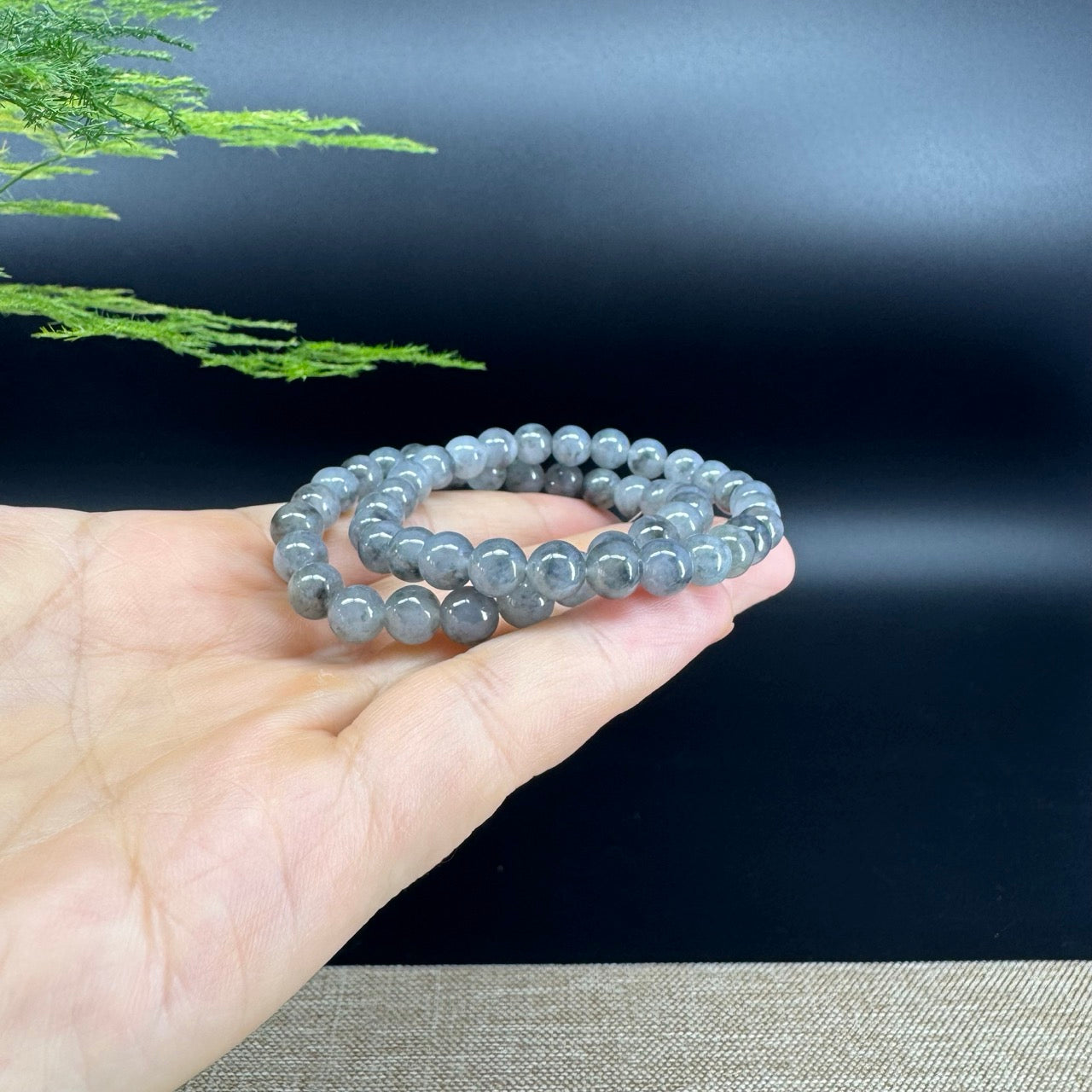 Natural Jadeite Jade  Round Icy Wuji Black Beads Bracelet ( 6.5mm )