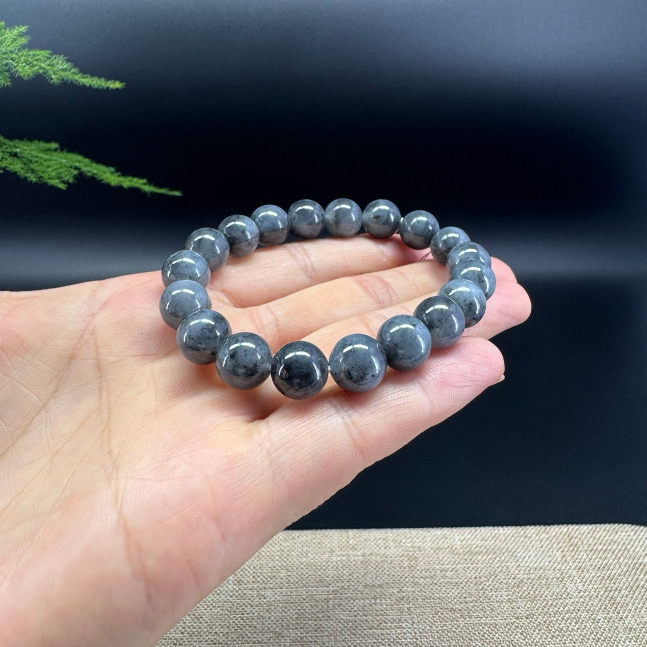Natural Jadeite Jade Round Blue Black Beads Bracelet ( 10 mm )