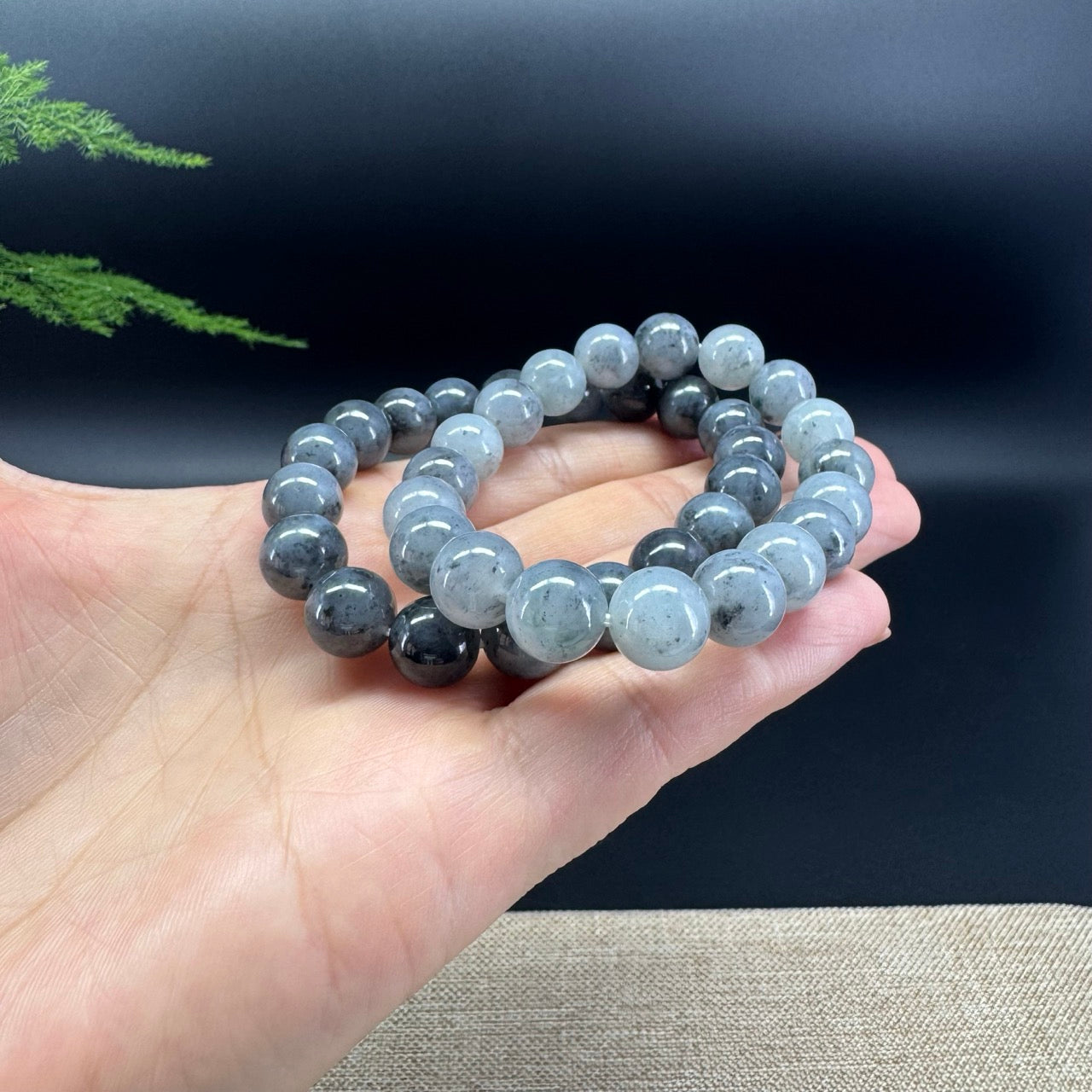 Natural Jadeite Jade Round Blue Black Beads Bracelet ( 10 mm )