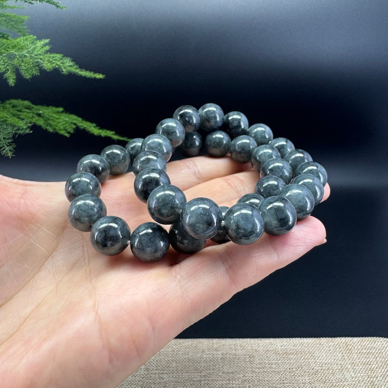 RealJade® Genuine Jadeite Jade Black Green Beads Bracelet ( 12mm ) For Men