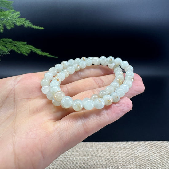 Natural Jadeite Jade  Round Icy Yellow Sajin Beads Bracelet ( 6.6mm )