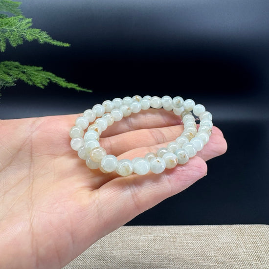 Natural Jadeite Jade  Round Icy Yellow Sajin Beads Bracelet ( 6.6mm )