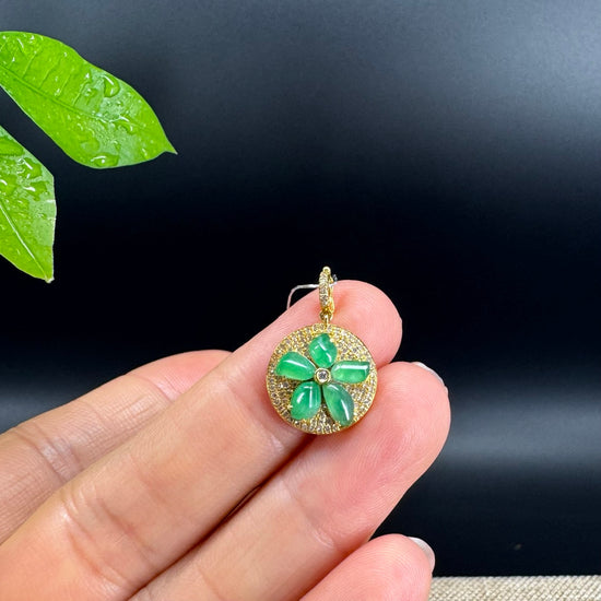 RealJade® 18k Gold Genuine imperial Jadeite Flower Pendant Necklace With Diamond
