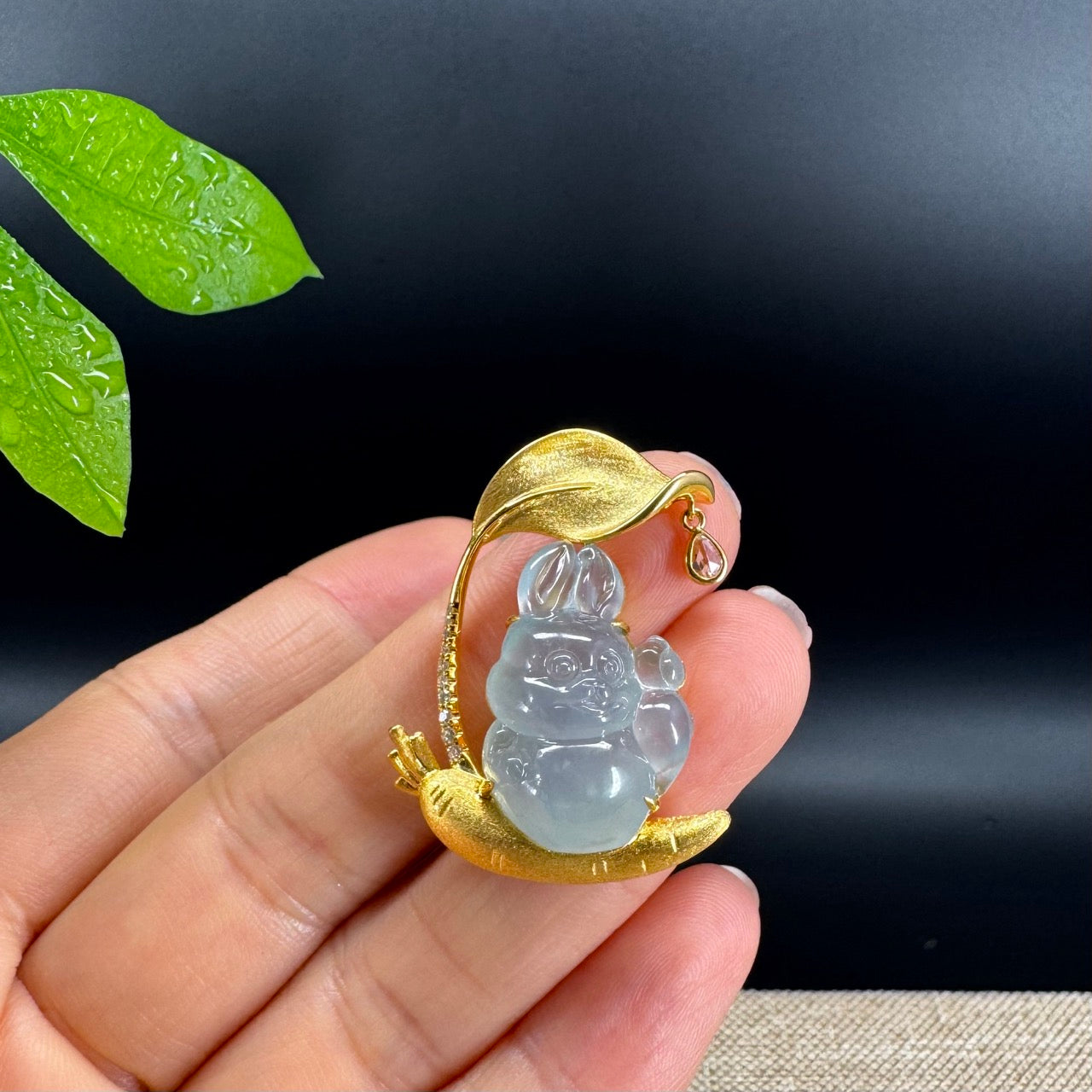 RealJade® 18k Yellow Gold Icy Jadeite Jade Rabbit & Carrot  Pendant Necklace with Diamond