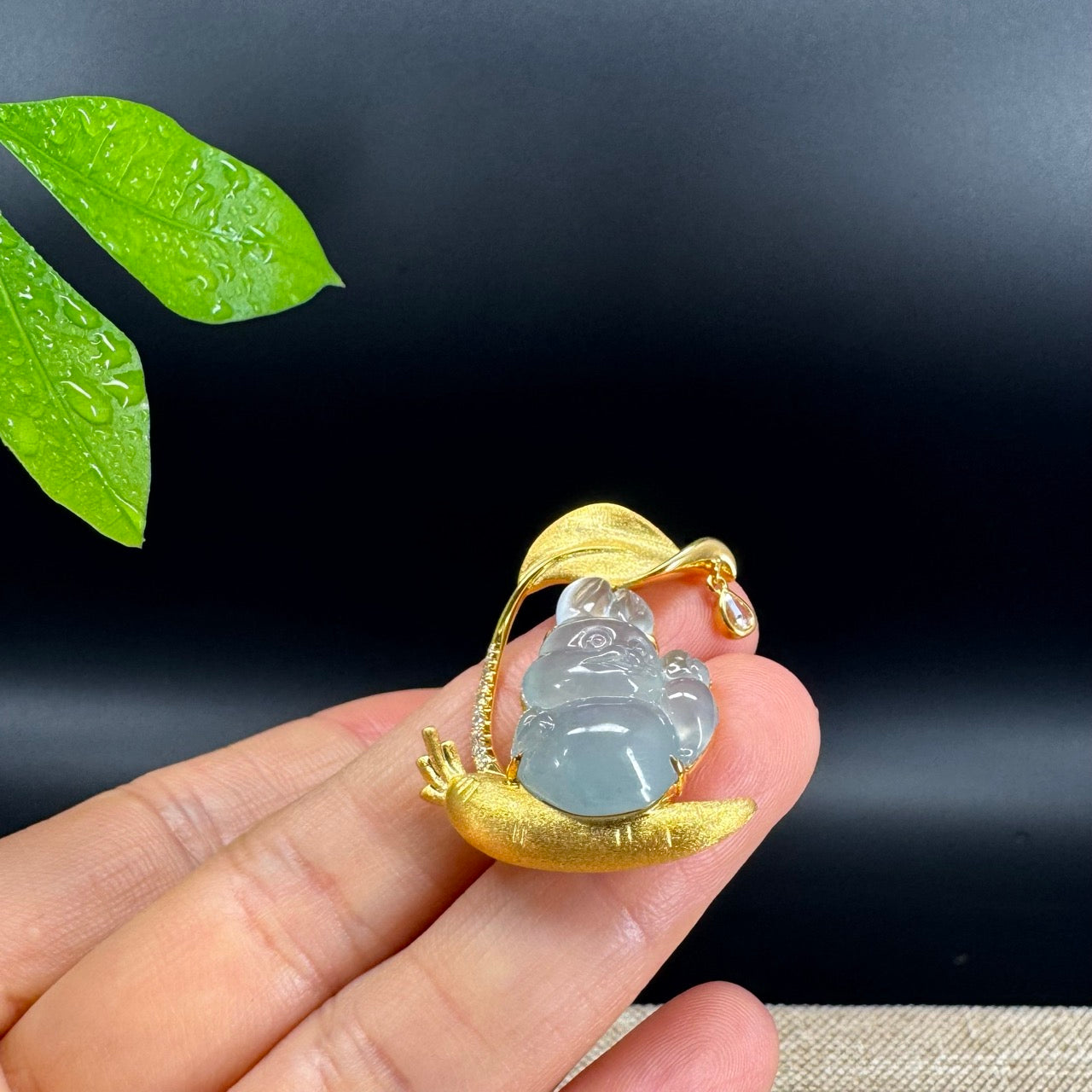 RealJade® 18k Yellow Gold Icy Jadeite Jade Rabbit & Carrot  Pendant Necklace with Diamond