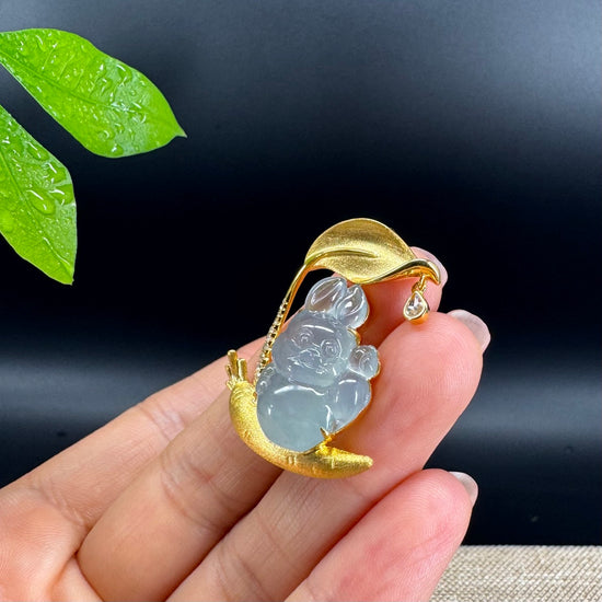RealJade® 18k Yellow Gold Icy Jadeite Jade Rabbit & Carrot  Pendant Necklace with Diamond
