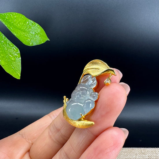 RealJade® 18k Yellow Gold Icy Jadeite Jade Rabbit & Carrot  Pendant Necklace with Diamond