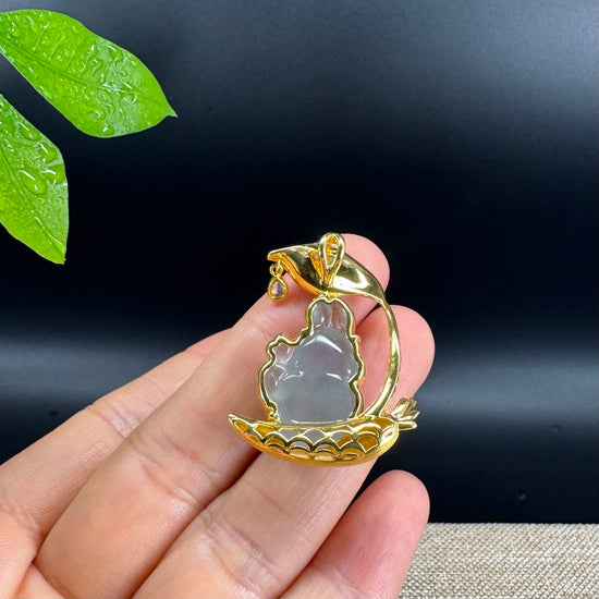 RealJade® 18k Yellow Gold Icy Jadeite Jade Rabbit & Carrot  Pendant Necklace with Diamond