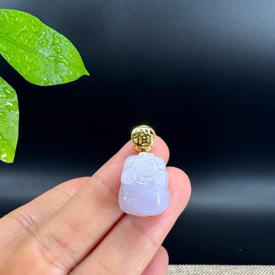 18K Yellow Gold Genuine Icy Lavender Jadeite Jade Lucky Pig Pendant Necklace