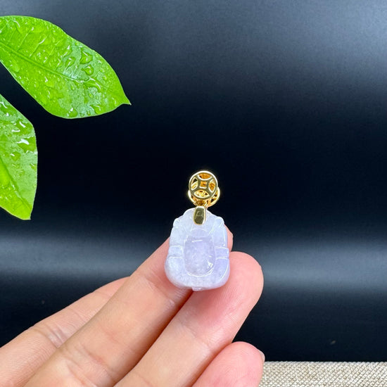 18K Yellow Gold Genuine Icy Lavender Jadeite Jade Lucky Pig Pendant Necklace