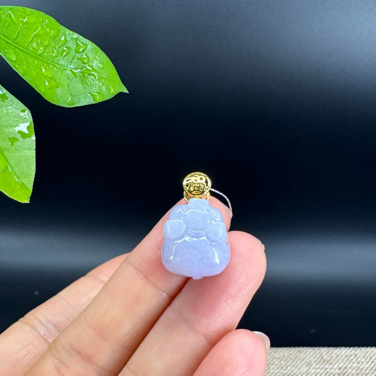 18K Yellow Gold Genuine Icy Lavender Jadeite Jade Lucky Pig Pendant Necklace