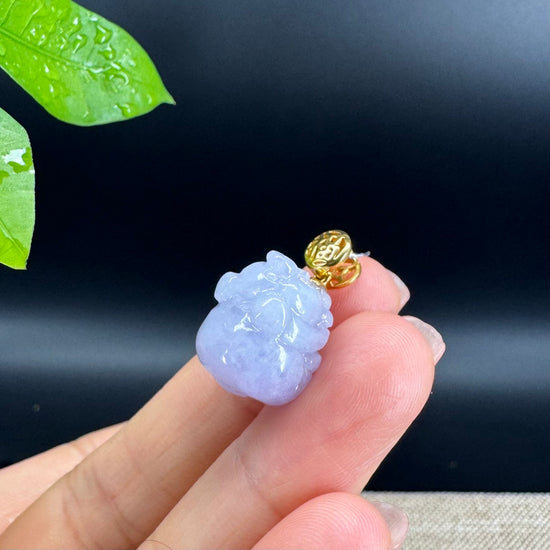 18K Yellow Gold Genuine Icy Lavender Jadeite Jade Lucky Pig Pendant Necklace