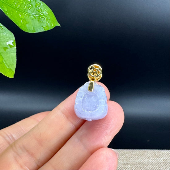 18K Yellow Gold Genuine Icy Lavender Jadeite Jade Lucky Pig Pendant Necklace