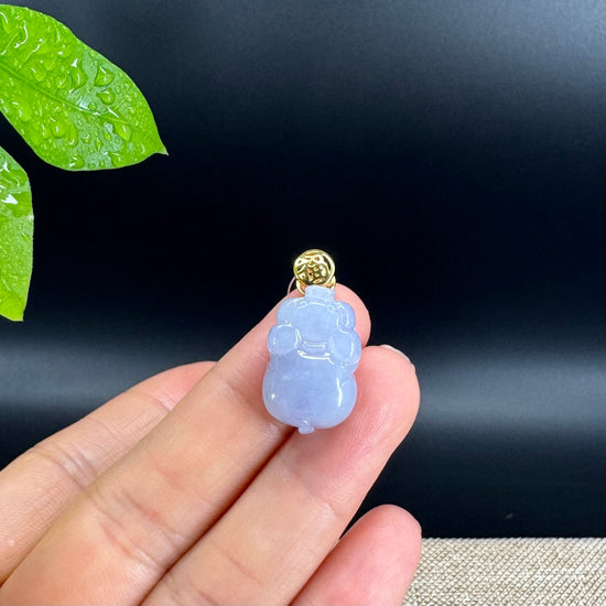 18K Yellow Gold Genuine Icy Lavender Jadeite Jade Lucky Pig Pendant Necklace