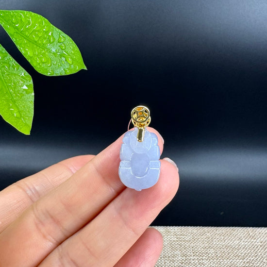 18K Yellow Gold Genuine Icy Lavender Jadeite Jade Lucky Pig Pendant Necklace