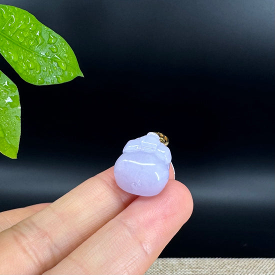 18K Yellow Gold Genuine Icy Lavender Jadeite Jade Lucky Pig Pendant Necklace