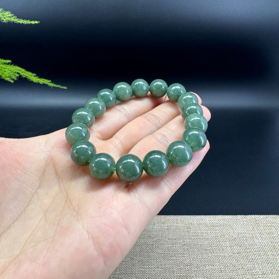 Natural Jadeite Jade  Round Forest Green Beads Bracelet ( 11mm )