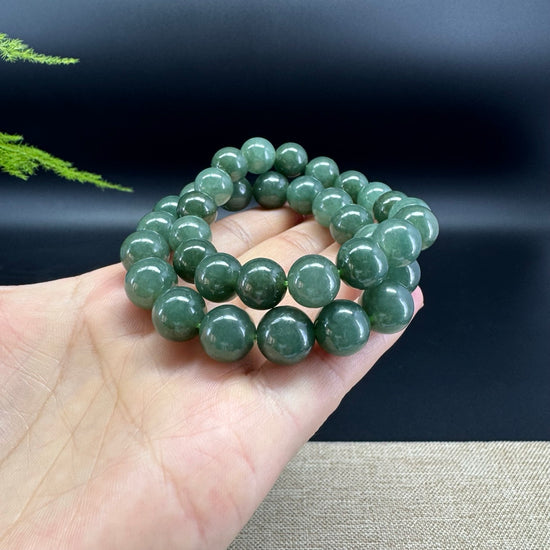 Natural Jadeite Jade  Round Forest Green Beads Bracelet ( 11mm )