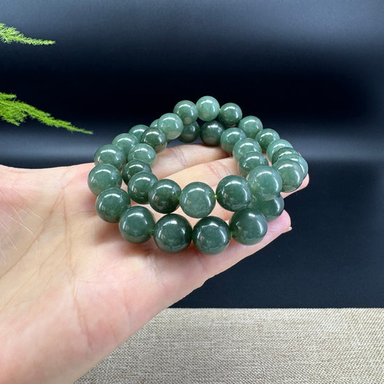 Natural Jadeite Jade  Round Forest Green Beads Bracelet ( 11mm )
