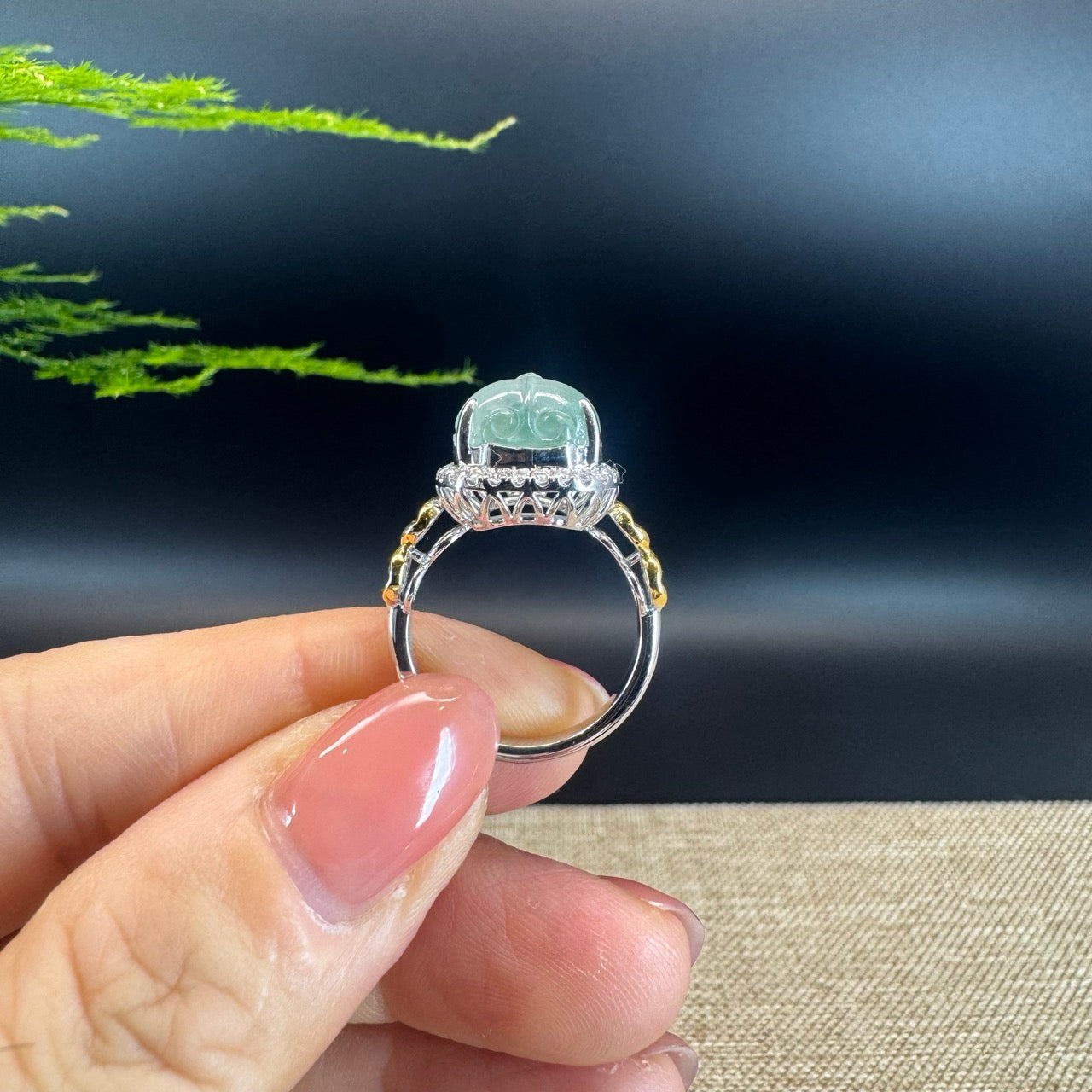 RealJade® "Signature Signet" 18K White Gold Icy Green Jadeite Jade Pi Xiu Ring