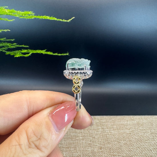 RealJade® "Signature Signet" 18K White Gold Icy Green Jadeite Jade Pi Xiu Ring